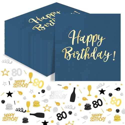 80 Geburtstag Tischdeko, 40Stück Happy Birthday Servietten Blau Gold + 15g 80. Geburtstag Konfetti Schwarz Gold, 80er Geburtstagservietten Konfetti Tischdeko für Mann Frau