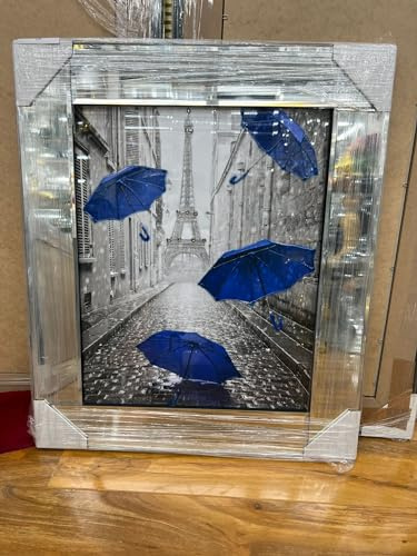 Biznest PARISIENNE STREET BLUE UMBRELLAS Picture Liquid 3D Wall Decor Glitter Wall Art Mirrored Frame Home Decoration Bedroom Living Room 55x55cm