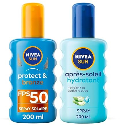 NIVEA SUN Routine bronzage & haute protection solaire avec spray solaire Protect & Bronze FPS 50 et après-soleil hydratant, Protection anti UV pour tous types de peau