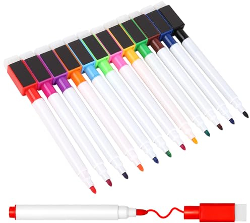 qijiefenCC 12 Stück Magnetische Whiteboard Stifte, Trocken Abwischbar mit Radierer, Fine Tip folienstift für Büro, Schule, Zuhause & mehr (Farbe)