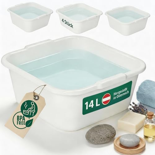 Novaliv 4x Spülschüssel eckig 14L, 38x38 cm, Weiß, BPA-frei Spülmaschinenfest Ideal für Küche und Camping, Wanne, Große Plastikschüssel, Waschschüssel eckig, Waschwanne, Abwaschschüssel