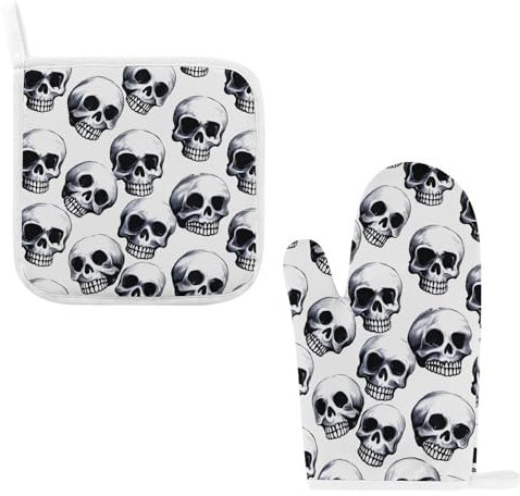Ofenhandschuhe und Topflappen mit Totenkopfmuster auf weißem Hintergrund, 2 Stück, Wärmeisolierung, Ofenhandschuhe, rutschfest, wasserdicht, heiße Pads, Kochhandschuhe für Küche, Backen, Grillen, BBQ