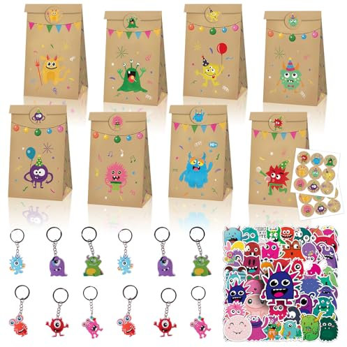 JWTRSVTY 74Pcs Monster Cadeaux Anniversaire Enfants, Monster Thème Cadeaux, Monstre Cadeaux Fête avec Enfants Monstre Porte-clés Sacs Cadeaux Autocollants, pour Garçons Filles Monster Cadeau Invité