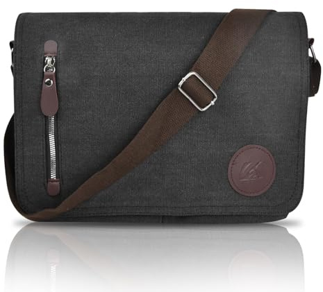 Focenat Herren Messenger Bag Umhängetasche, Laptoptasche 14 Zoll aus Canvas und Echtleder, Aktentsche, Studententasche, Arbeitstasche, Herrentasche, Geschenke für Frauen, Schwarz