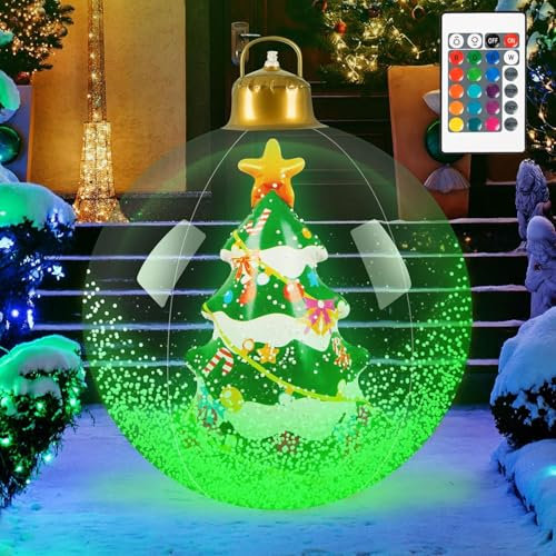 Aufblasbare Weihnachtskugel - 60CM Groß Weihnachtskugeln Outdoor, Beleuchteter Aufblasbarer Weihnachtsball mit Luftpumpe, Weihnachtsdekoration für den Außenbereich für Hof Garten (Weihnachtsbaum)
