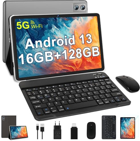 SEBBE Tablet 10 Pulgadas Android Octa-Core 2.0 GHz 16GB RAM + 128GB ROM / 5MP+13MP / 8000 mAh / 5G + 2.4G WiFi/Bluetooth 5.0 / GMS, Tablet con Ratón Teclado Gris