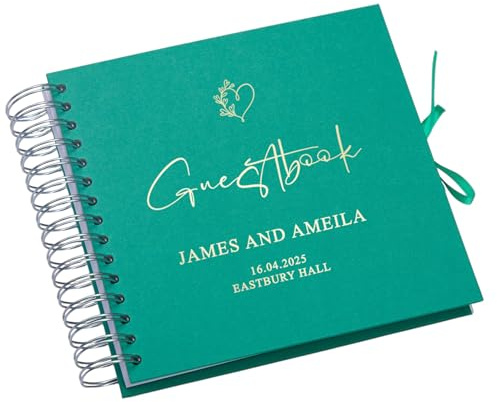 Personalised Wedding Guestbook with Delicate Heart Foil Design, 20.3 x 20.3 cm, Spiral Binding, Multiple Colours (Emerald Green)