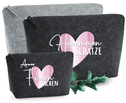 AMBERGER DESIGN by A&M Osterhage amd Kosmetiktasche-Filz Grau Herz Hebammenschätze Frauensache Wunschname Wunschnachricht personalisiert | Beutel-mit-Namensdruck | Personalisierte Filztasche