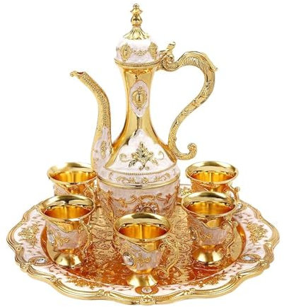Turkish Tea Set with Pot Tray and 6 Cups Vintage Turkish Coffee Set Alloy Moroccan Tea Set Easy to Clean Turkish Tea Cups for Home Wedding Decoration