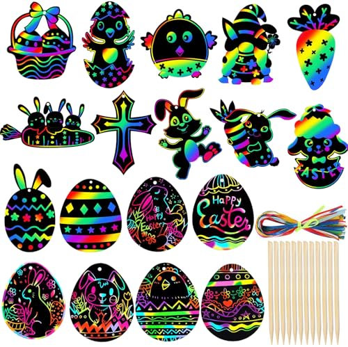 JOOTUEPO 36 Stück Ostern Kratzbild, Osterbastelset Kratzeier, Ostereier Basteln Kratzbilder für Kinder, Ostern Basteln Kaninchen Karottenei Scratching Kratzpapier für Ostern Party Dekoration Geschenk