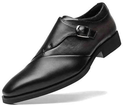 SANNAX Men's Leather Shoes Non-Slip Single Strap Monk Elegance Formal Dress Business Uniform Wedding Size 7.5 Black