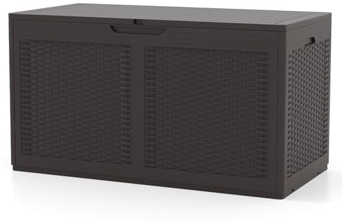 GiantexUK 380L Garden Storage Box, Waterproof Resin Deck Boxes with Lockable Sit-on Lid, Wheels & Gas Strut, Rattan Effect Outdoor Utility Chest Container for Patio Cushions Gardening Tools (Brown)