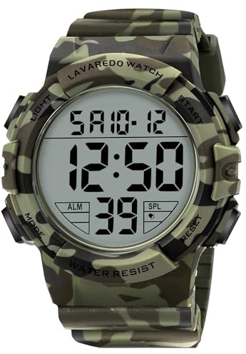 caprock Relojes Digitales para Hombre, Luminoso, Resistente al Agua, 5 ATM, Reloj Deportivo Digital con Correa de Goma, Reloj de Pulsera con Pantalla LED, Alarma, cronómetro, Verde Militar.