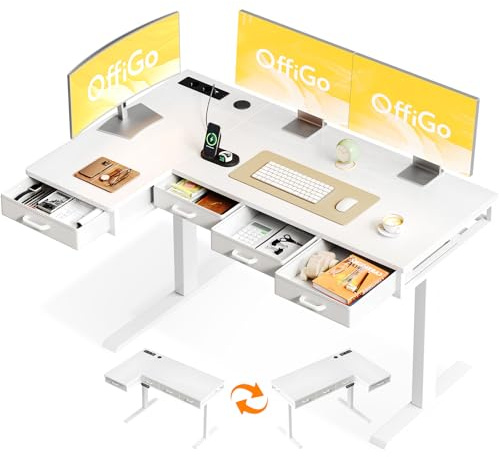 OffiGo Scrivania Angolare Regolabile in Altezza con Cassetti, 140cm, Bianco
