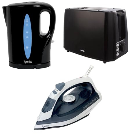Igenix 3-Piece Kitchen and Home Essentials Set – 1.7L 2200W Kettle, 750W 2-Slice Toaster & 1600W Steam Iron – Fast Boil, Multi-Function Toasting & Powerful Steam Performance – Black