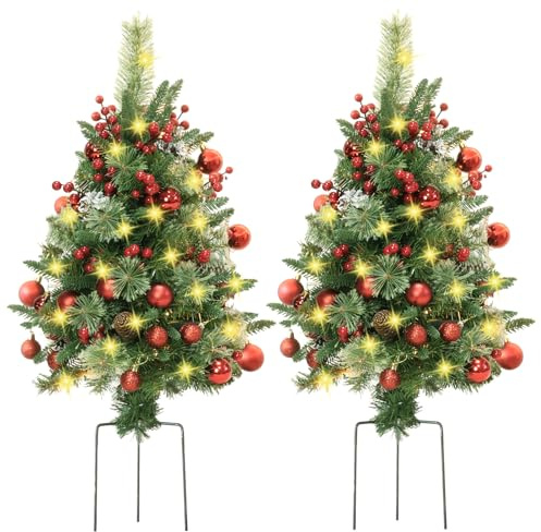 2 Packs 30in Outdoor Christmas Trees, Small Pre-Lit Artificial Xmas Tree, Holiday Decor with Stake, Warm White & Waterproof String Lights, Red Balls & Berries, Pine Cones, Battery Operated, 2.5FT