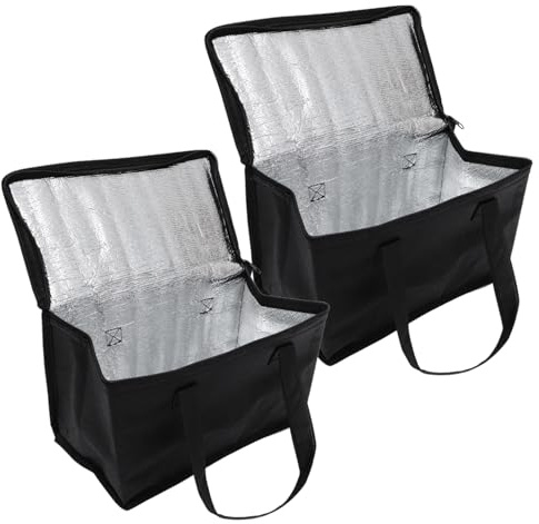 2 Stück Schwarze Lunchtasche aus Vliesstoff für Warme und Kalte Speisen | Mitnahme und Kuchen, Praktische Thermotasche mit Reißverschluss, Kompakt für Event und Freizeit