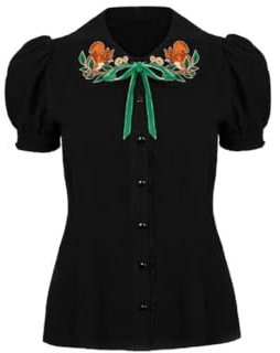 Hell Bunny Chester Bluse – Schwarzes Oberteil mit Puffärmeln und Stickerei im Waldhörnchen-Design
