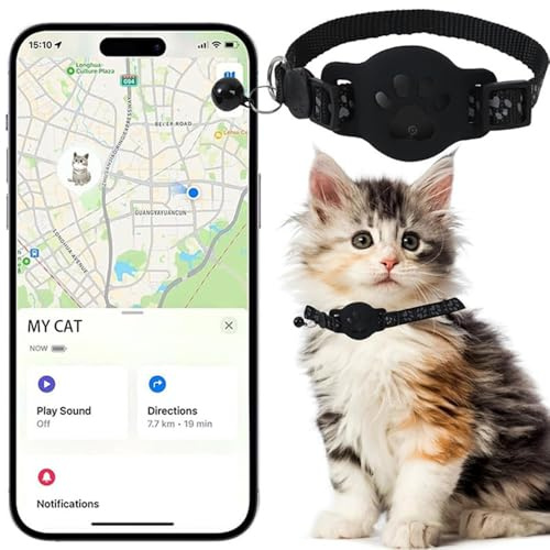 Cat Tracker Collar for Small Cats - Real Time Cat GPS Tracker No Monthly Fee, Pet Tracker for Cats Works with Apple Find My (Only iOS), No SIM Required (Collar + black tracker)