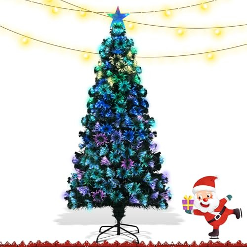 Daromigo Fibre Optic Christmas Tree 6 FT Xmas Trees Artificial Pre Lit Christmas Trees Green 180 cm,Lights Fibre Optic tree with stars Auto-color-changing,Xmas indoor Deco