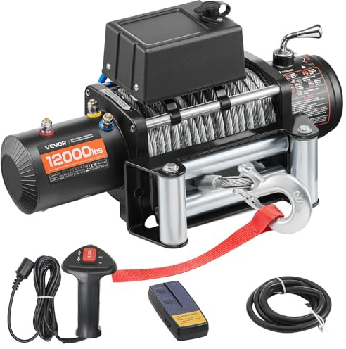 VEVOR Treuil Électrique 12 V Treuil Charge 5400 kg avec Câble Acier 9,1 mm x 26 m Télécommande sans Fil et Filaire pour Remorquage de SUV, Jeeps, Remorques, Bateaux, Véhicules Tout-terrain, Camions