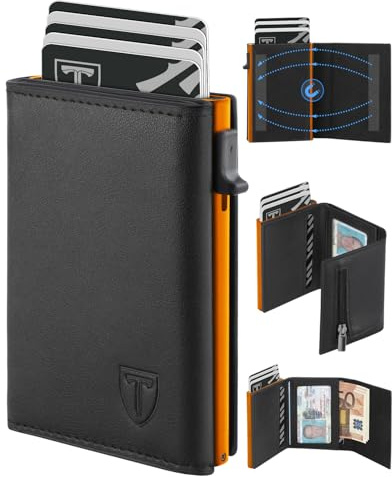 TEEHON Cartera Hombre de Cuero con Cierre Magnético, Tarjetero con Bloqueo RFID, Cartera Tarjetero Hombre pequeño para Crédito, Billetes y Monedas con Caja de Regalo, Toda Estación, Negro & Naranja