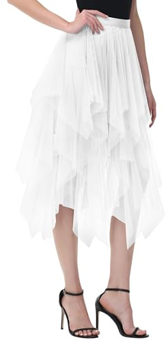 Dam tyllkjolar hög låg lager veckad kjol midikjol asymmetrisk karnevalskjol elegant mjuk knälång puffy fe kjolar, Vit, one size