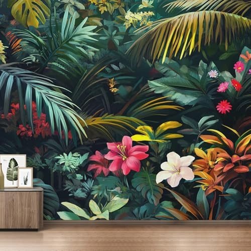 Générique Papier Peint Jungle Papier Peint Panoramique Tropicale Fleur Feuilles Vertes Papiers Peints Intissé Fresque Murale, Decoration Chambre Salon Wallpaper, 366 x 254 cm B0&H5