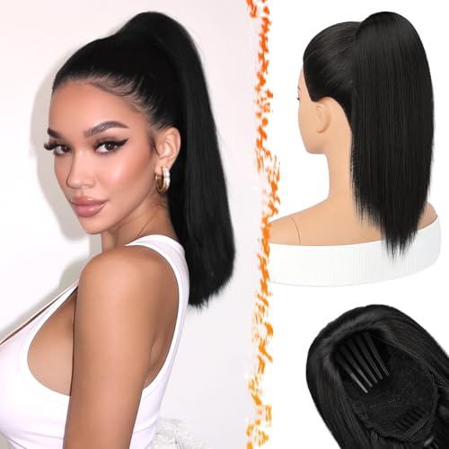 BARSDAR Hästsvansförlängning, 40 cm Glatt Comb Clip Svart Hästsvans Hårdel med Dragsko Naturligt Utseende Syntetisk Cheer Posh Hästsvansförlängning Fest Cheer Tävling