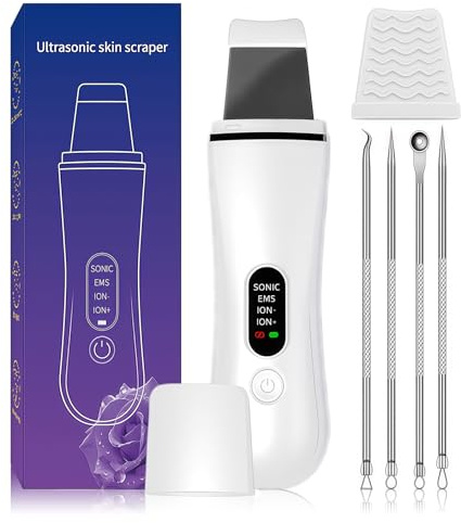Blackhead Remover Tools for Facial Skin, Face Pore Ion Scrubber for Black Head, Ultrasonic Spatula Cleaner with 4 Modes and Silicone Cover Tool Kit