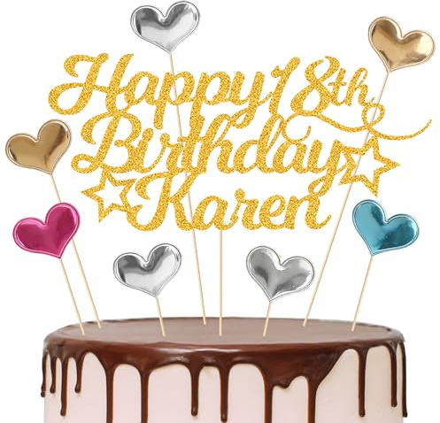 EDSG Happy Birthday Cake Topper Personalised, Custom Cake Topper with Any Age Name, Double-Sided Glitter Cake Topper 13th 16th 18th 21st 30th 40th 50th 60th 80th (with Colored Heart Set)