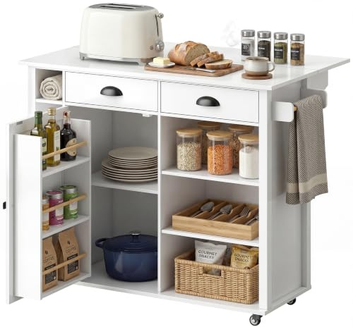 HOMCOM Isla de Cocina con Tablero Plegable 117,5x70x91 cm Blanco | Carrito de Cocina con Ruedas, Estantes en la Puerta, Toallero, Armario, 2 Cajones, Estantes Abiertos