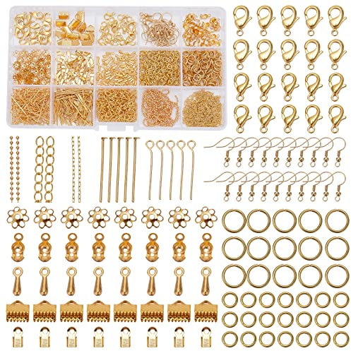 PandaHall 1 Box Schmuck Herstellung Supplies Kits mit Eisen Jump Ring/Bead Caps/Crimp Enden/Twist Chain Extensions/Ohrring Haken/Pins für Schmuck Herstellung und Ohrring Halskette Reparatur (Golden)
