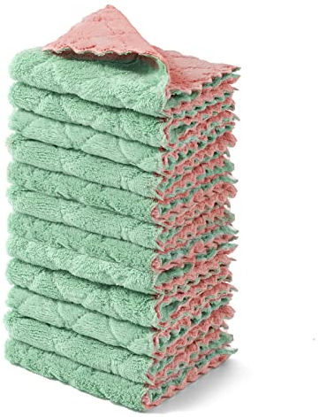 kimteny 12-pack diskhanddukar, 25,4 x 25,4 cm premium diskdukar, superabsorberande kökshanddukar korall sammet diskdukar non-stick olja snabbtorkande tvättlappar (rosa-grön)