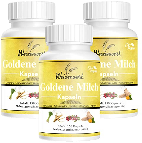 2+1 Gratis - Weizenwerk - Goldene Milch Kapseln - Golden Milk - Kurkuma Latte - mit Kurkuma, Ingwer, Lemongras, Ashwagandha und Hagebutte – Monatspackung 150 vegane Kapseln