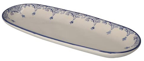 Keyhomestore- Ovalina in ceramica, colore Bianco, decori Blu, 36x15 cm, ideale come vassoio per servire in tavola le portate e gli antipasti. Idea regalo e accessorio da tavola.