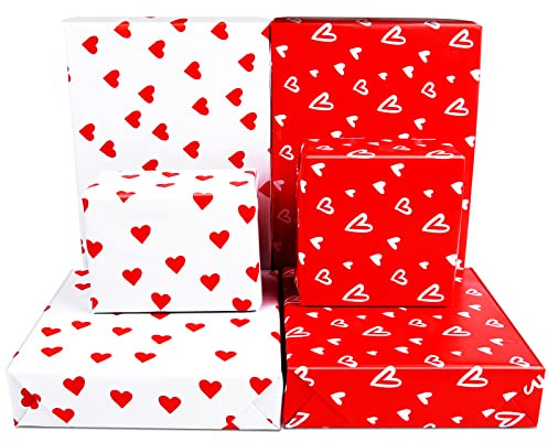 PLULON 6 fogli di carta da regalo con cuore di San Valentino, carta da regalo con cuore bianco e rosso (bianco e rosso)