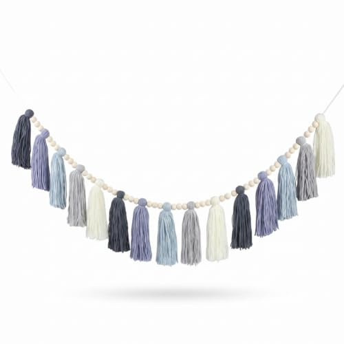 DrCor Dusty Blue Jean Tassel Garland - Denim Boho Classroom & Dorm Decor