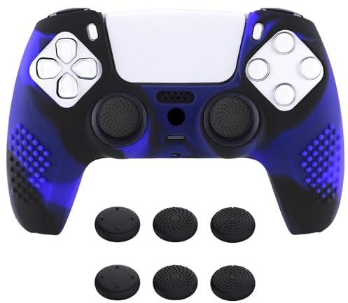 eXtremeRate PlayVital Coque pour ps5 Protection Manette Grip,Housse Silicone pour ps5 Controller Cover Skin avec Capuchon Joystick-Bleu & Noir,Édition Cloutée 3D