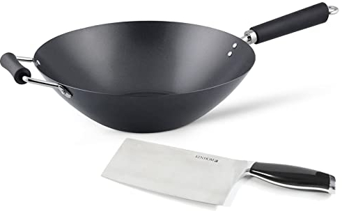 Ken Hom Antihaft Wok 35 cm Induktion aus Karbonstahl mit Gegengriff - große Wokpfanne für verschiedene Herdarten - Wok Set inkl. Hackmesser 18 cm