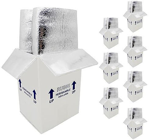 ELAZEKES 7x6x10“ Small Insulated Shipping Boxes for Frozen Food, 8 Pack Double Insulated Carton with Aluminum Foil Insulated Bag Liner, Reusable Perishable Shipper Cooler Packaging Box