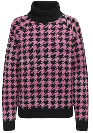 ONLY Onlberta LS Jq Cuello Rollneck Knt Jersey de Punto, Negro/patrón: Fucsia Morado/azelea Rosa, M para Mujer