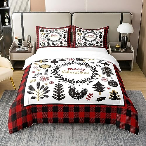 Frohe Weihnachten 100% Bio-Baumwolle Tröster Bezug Kiefern Bäume Schneeflocke Bettbezug Set 200x200 Rot Schwarz Geometrische Gitter Patchwork Bettwäsche Set mit 2 Kissenbezügen