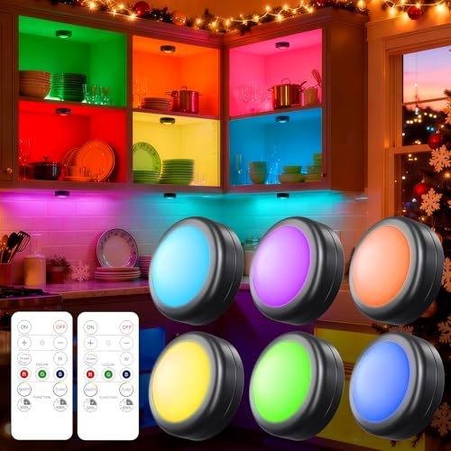 Yiliaw 6er-Pack LED Puck-Lichter mit Fernbedienung,16 Farbwechsel Unterbauleuchten,Batteriebetriebene Nachtlichter mit Dimmer & Timer für Schrank,Schlafzimmer und Küche,Schwarz