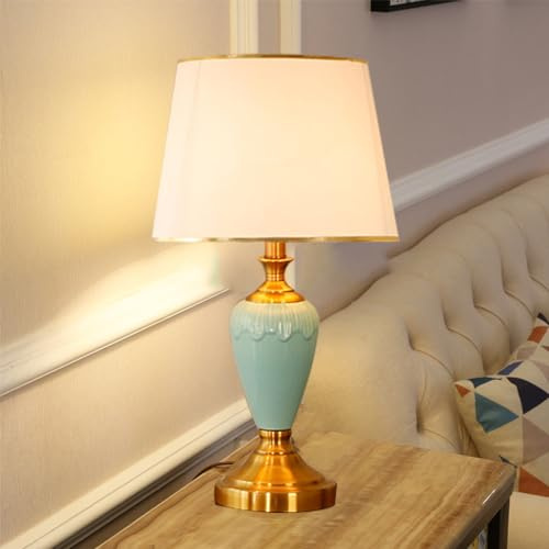 Tischlampe mit Druckschalter,Nachttischlampe für den Innenbereich,Klassischer Lampenschirm aus Stoff,Schreibtischlampe,E27-Nachttischlampe Tischleuchte blau Golden Schlafzimmer Büro Wohnzimmer