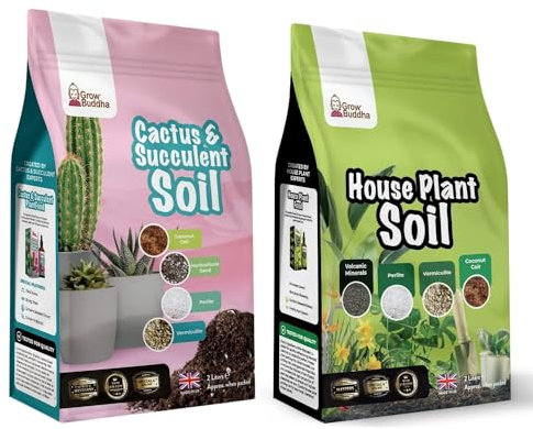 Cactus Succulent Soil Grow Buddha - Natural Cactus and Succulent Indoor Potting Compost Mix (2L) pack of 1 and - Houseplant Soil - Natural Indoor Houseplant Potting Compost Mix (2L) pack of 1.