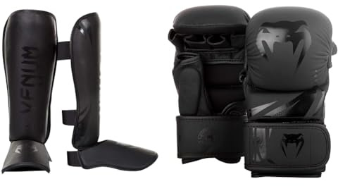 Venum Unisex Schienbeinschutz Challenger Schienbeinshoner, Schwarz/Matt, M & Unisex Challenger 3.0 MMA Sparring Handschuhe, Schwarz/Schwarz, M EU