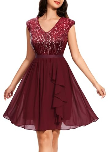 WedTrend Women's Short Sequin Dress 2025 Sparkly Bridal Shower Dresses Cap Sleeve Glitter Dress Modest Homecoming Dress for Teens WTS6005BurgundyL