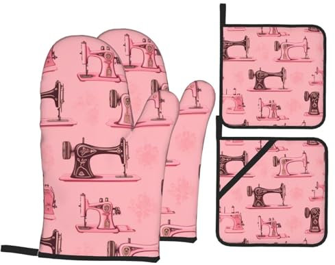 WZYWHJ Ofenhandschuhe und Topflappen, Set mit 4 Ofenhandschuhen, Topflappen und Ofenhandschuhen für Küche, Backen, Kochen, Grillen, Vintage, Rosa, Nähmaschinen-Drucke
