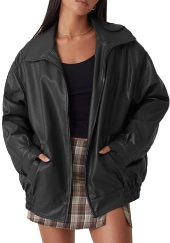 FSVABY Womens Oversized Faux Leather Motocycle Black Jacket Zip Up Outwear Coat with Pockets (Black,Small)